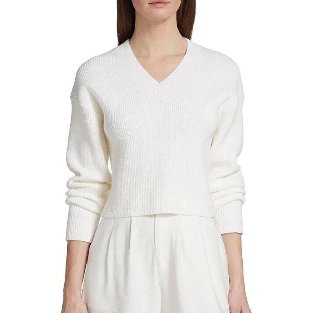 $295 Vince Women's Drop-Shoulder V-Neck Sweater Cotton Blend White Ribbed XXS